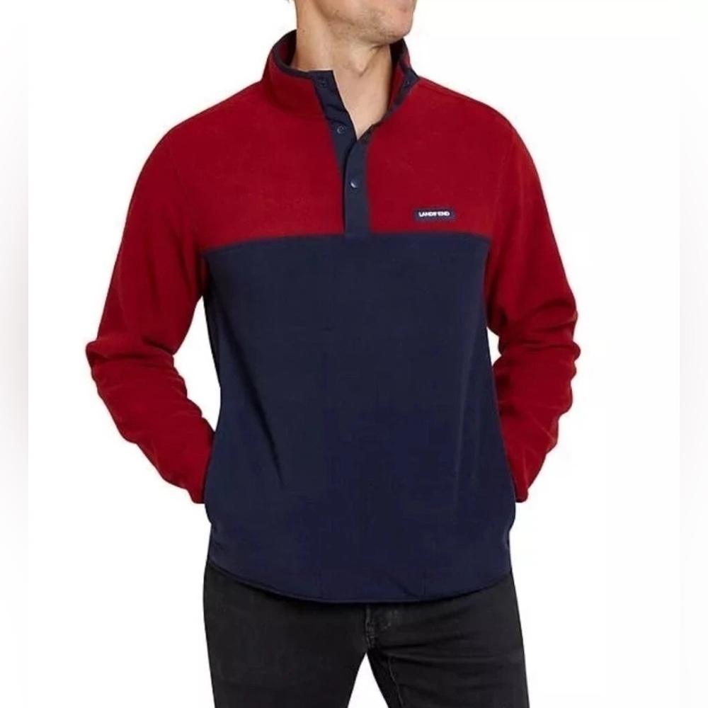 Lands' End Red & Navy Blue Men's Heritage Fleece Snap Neck Pullover Size Large